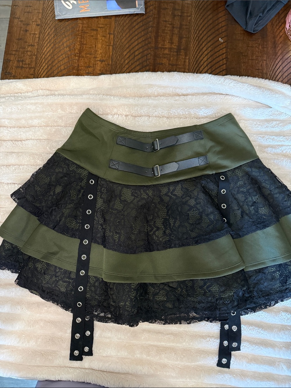 Hot Topic Olive Green and Black Lace Tiered Skater Skirt with Buckle Straps